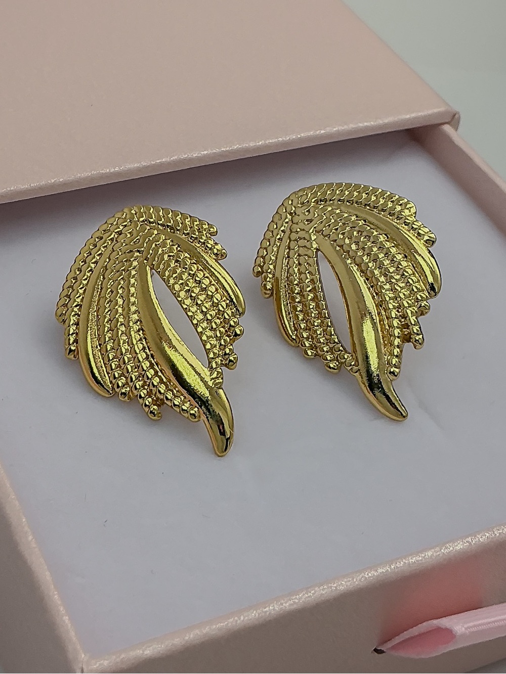 Gold Feather Sculptural Leaf Earrings | Stainless Steel Statement Studs